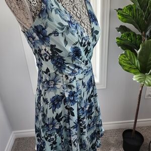 Summer Dress Feminine Floral Blue Wrap Dress Straps V Neck Hidden Zipper